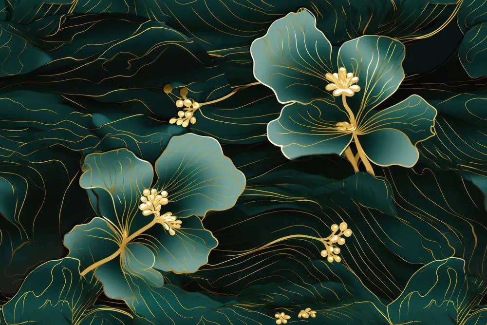 Carta da parati – Fiore verde-oro di lusso