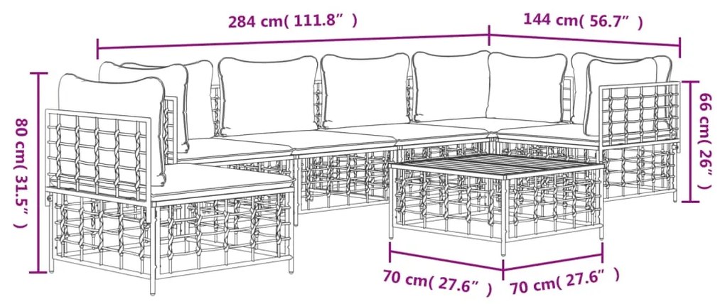 Set Divani da Giardino 7 pz con Cuscini Antracite in Polyrattan