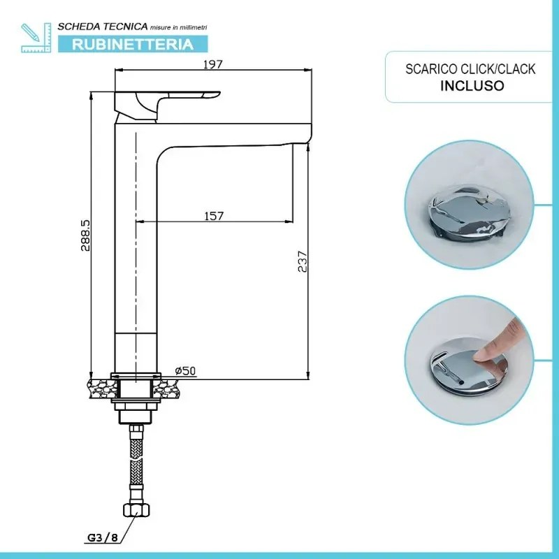 Miscelatore lavabo alto in ottone cromato con piletta click clack Kreo