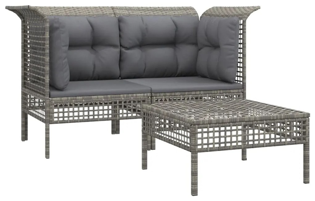 Set Divani da Giardino 3 pz con Cuscini in Polyrattan Grigio