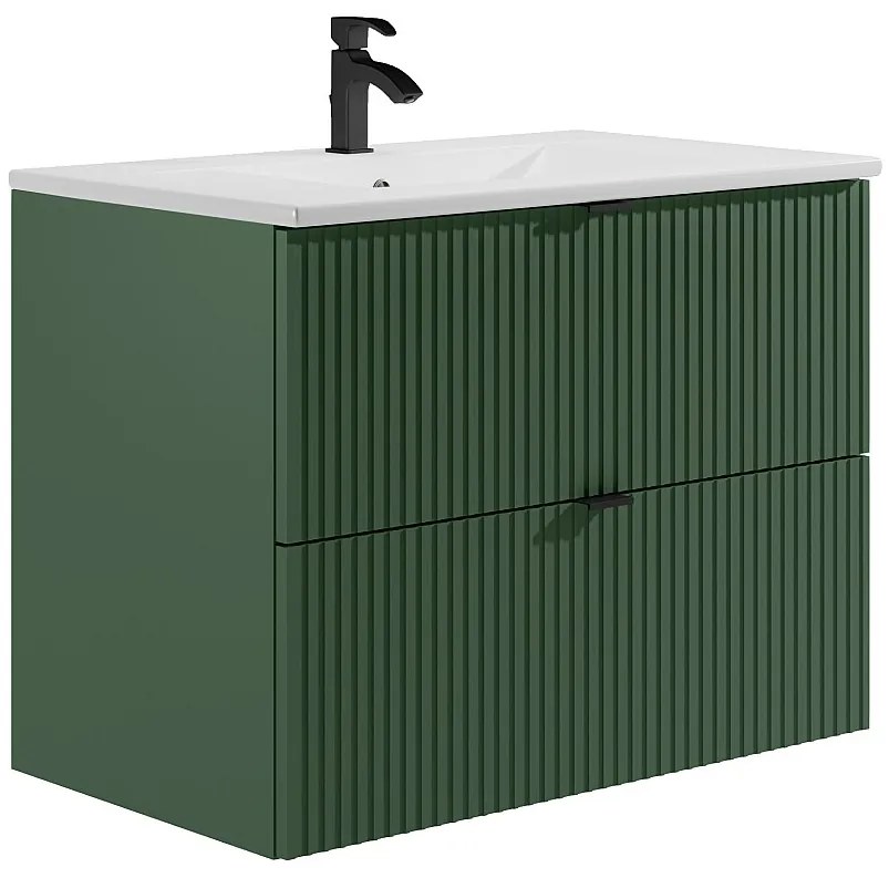 Mobile bagno sospeso con scanalature con lavabo da incasso e colonna - Verde opaco - 80 cm -ZEVINI
