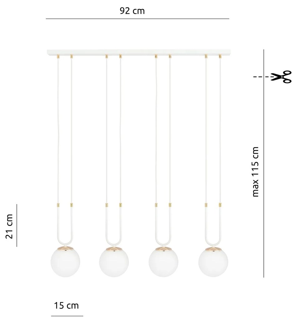 Sospensione Contemporanea 4 Luci Glam Acciaio Bianco Oro E Sfere Vetro Opalino