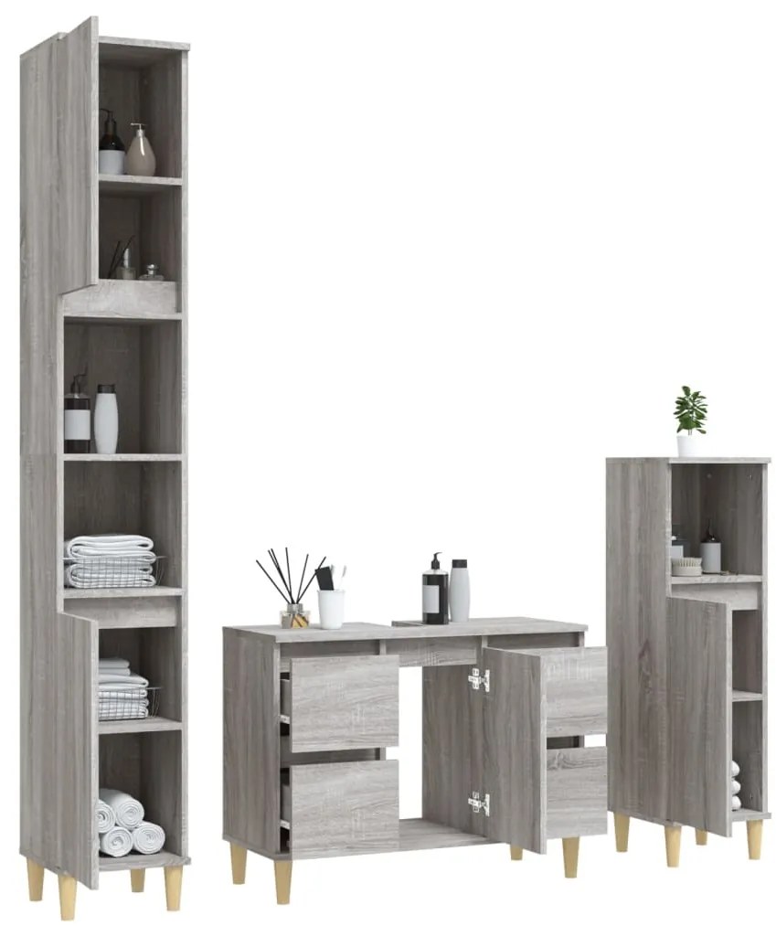 Set mobili da bagno 3 pz grigio sonoma in legno multistrato