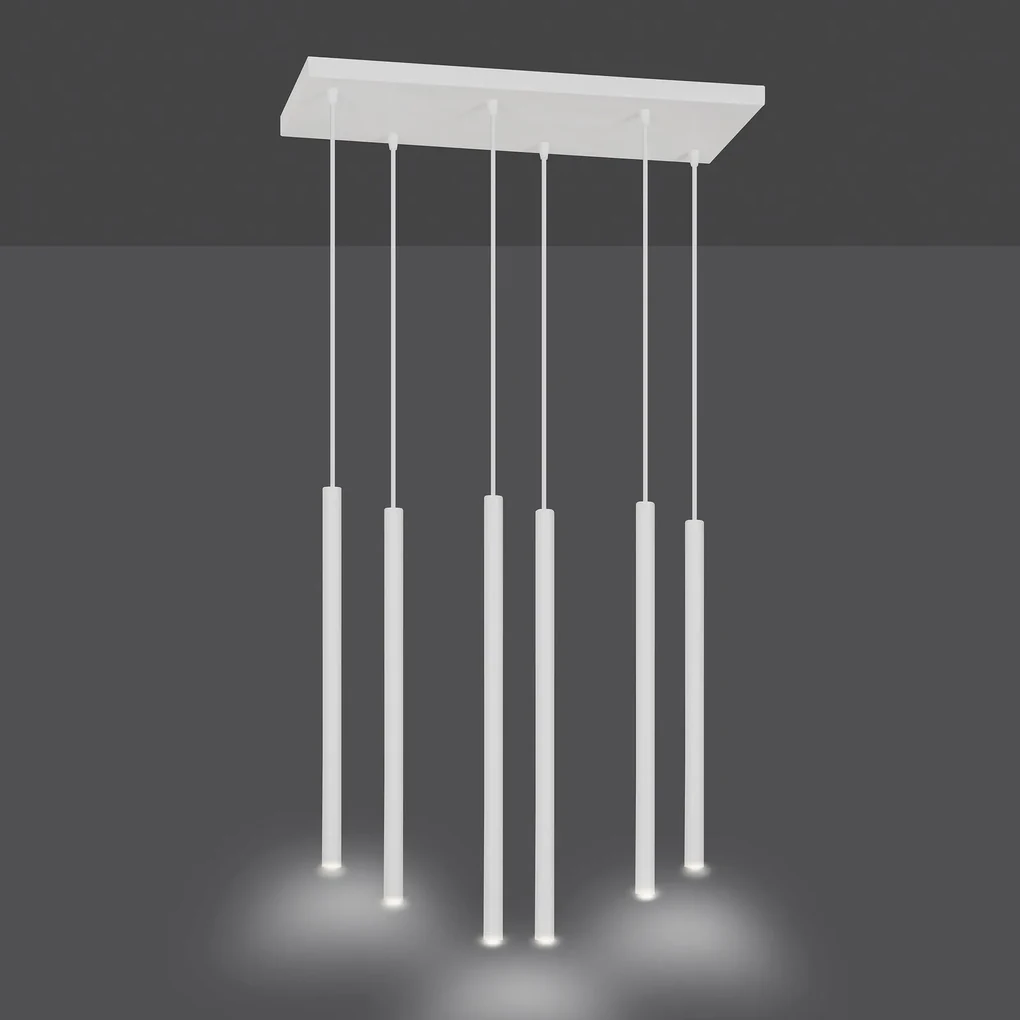 Lampadario 6 Luci Moderno Selter Acciaio Bianco E Paralumi A Cilindri Sottili