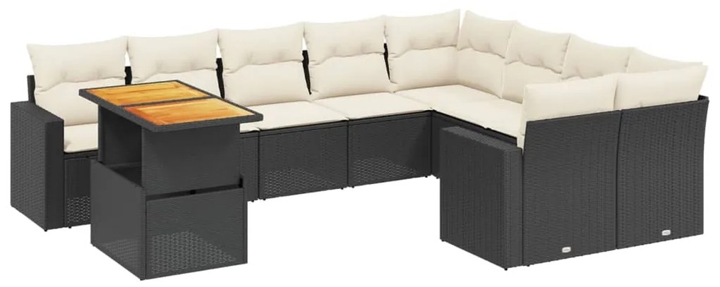 Set divani da giardino 10pz con cuscini in polyrattan nero