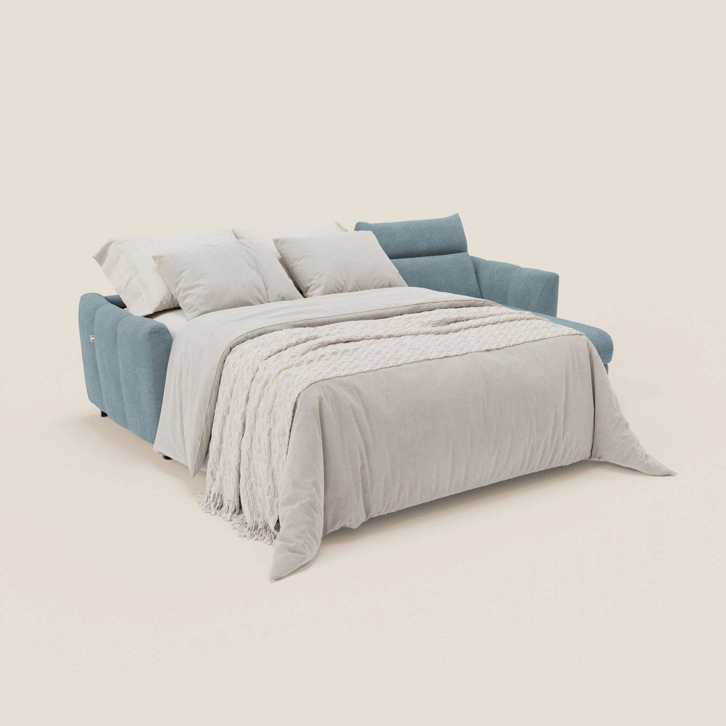Peonia divano letto angolare con Penisola Contenitore - Materasso H18 cm in Bouclé Impermeabile T07 carta da zucchero
