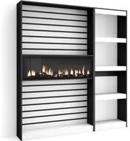 Libreria scaffale in legno a ripiani, 170x186x25cm, Camino elettrico, Stile moderno, colore Bianco e nero