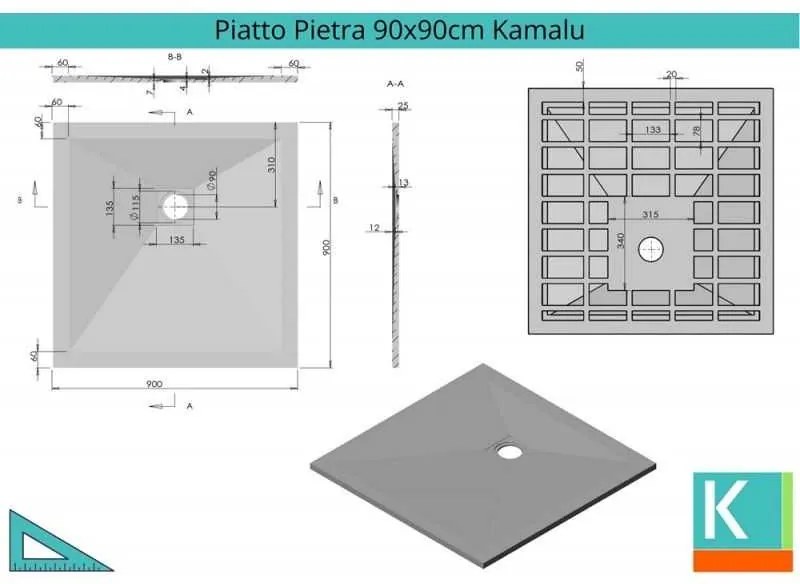 Kamalu - piatto doccia 90x90 effetto pietra colore ardesia antracite