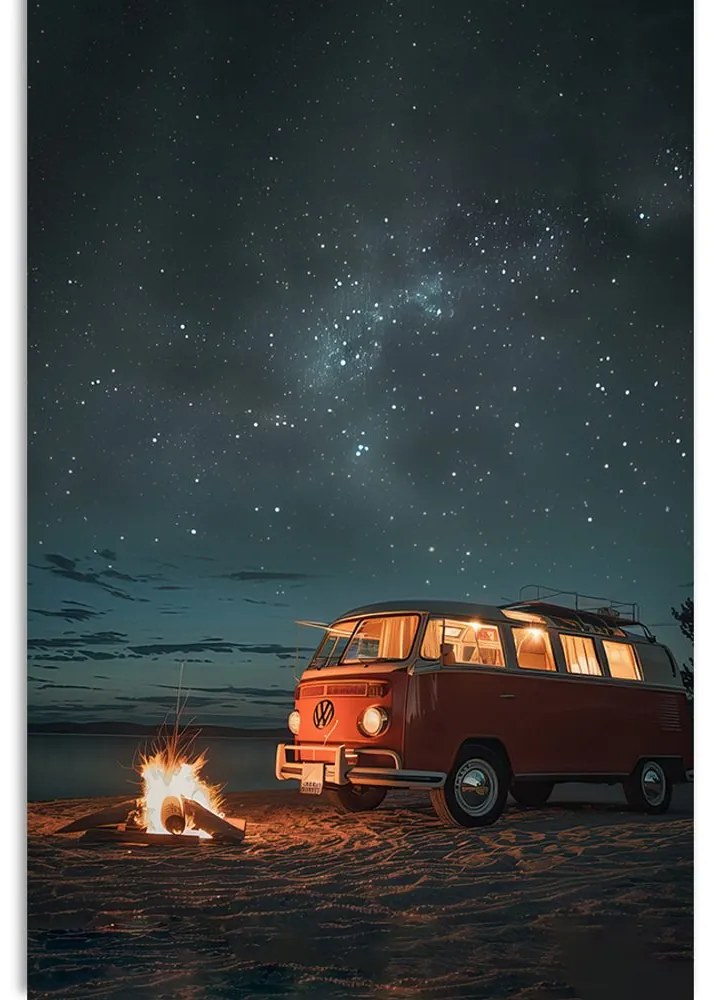 Stampa su tela – Falò sulla spiaggia sotto il cielo notturno - Volkswagen T1