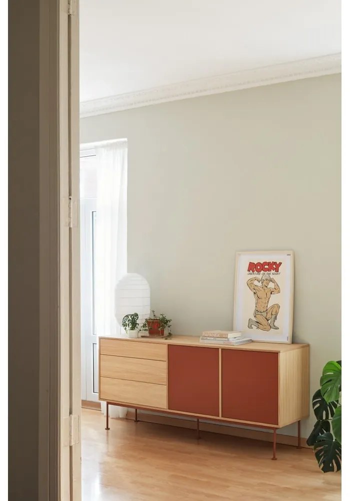 Cassettiera rosso mattone impiallacciata in rovere, larghezza 180 cm Yoko - Teulat