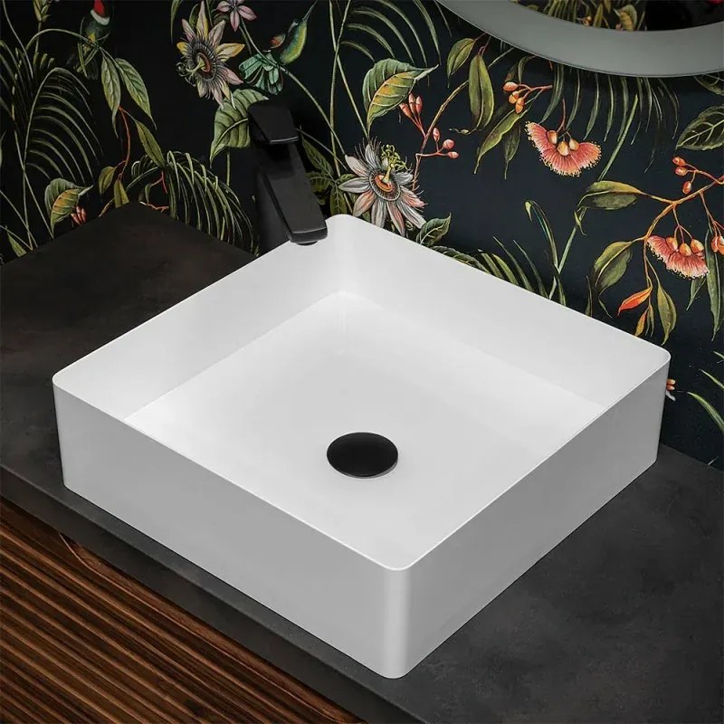 Lavabo da appoggio quadrato 45 cm in acciaio inox bianco opaco Goya