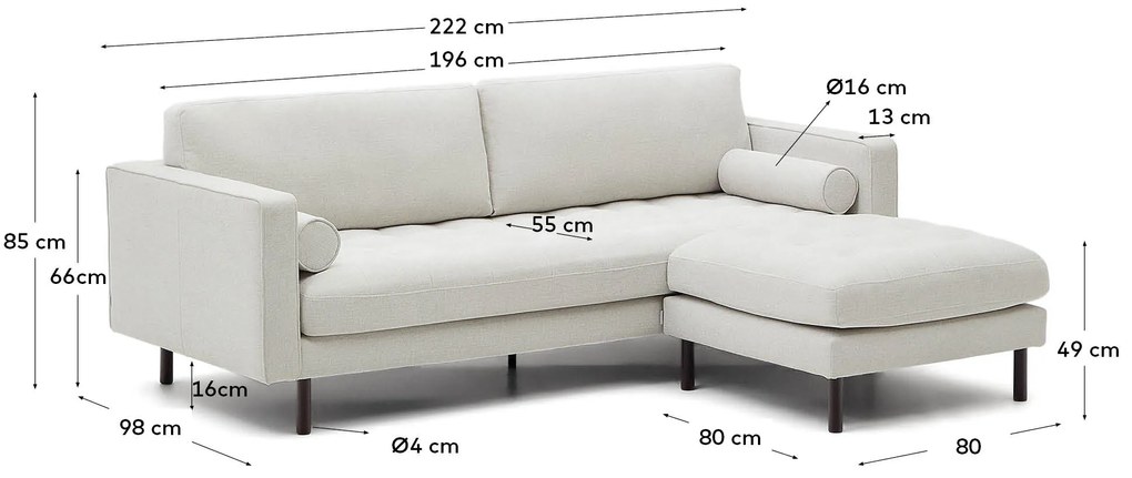 Kave Home - Sofà Debra a 3 posti con poggiapiedi in ciniglia perla e gambe con finitura wengué 222 cm