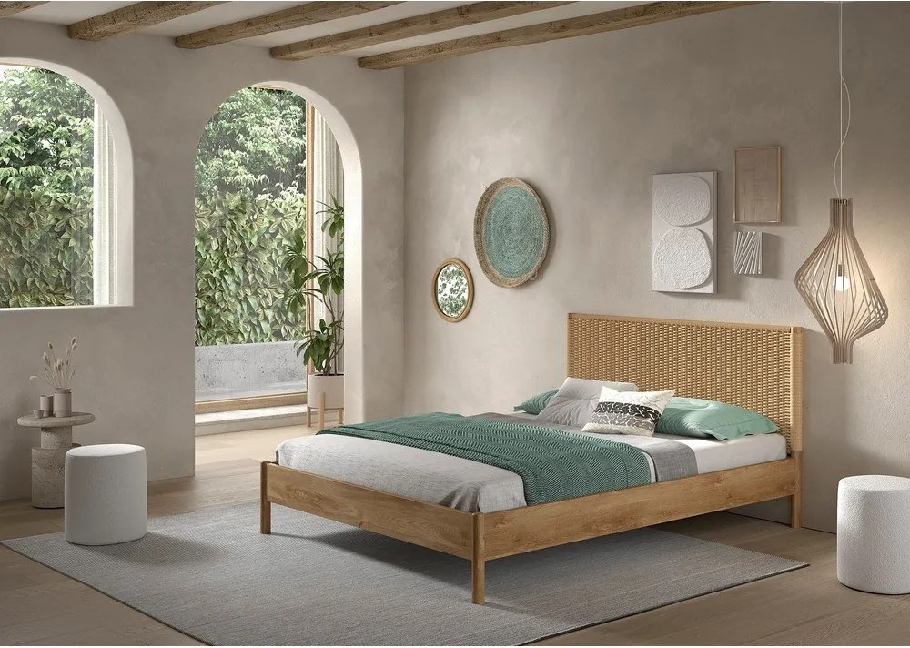 Letto matrimoniale di colore naturale in rovere massiccio rete non inclusa 160x200 cm Olive Rope – Vipack