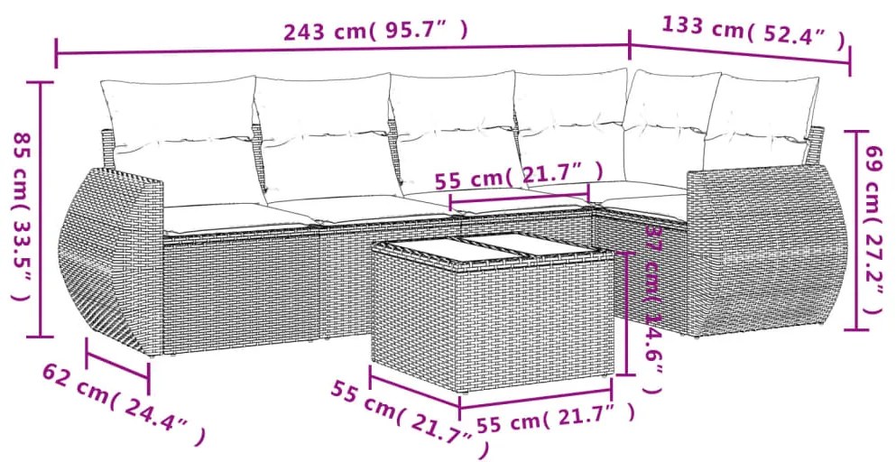 Set divano da giardino 6 pz con cuscini grigio in polyrattan