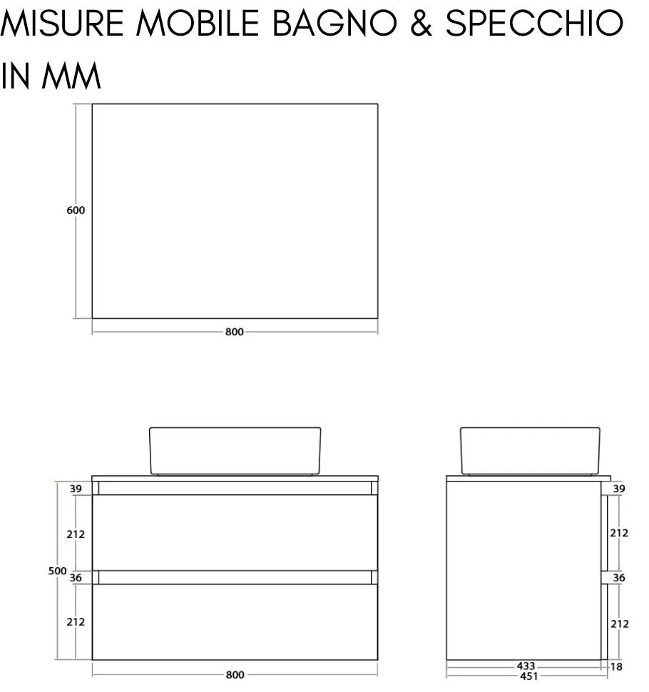 Mobile Bagno Sospeso con Lavabo da Appoggio e Specchio 2 Cassetti Salvaspazio in Legno cm 80 – Rovere di Bordeaux