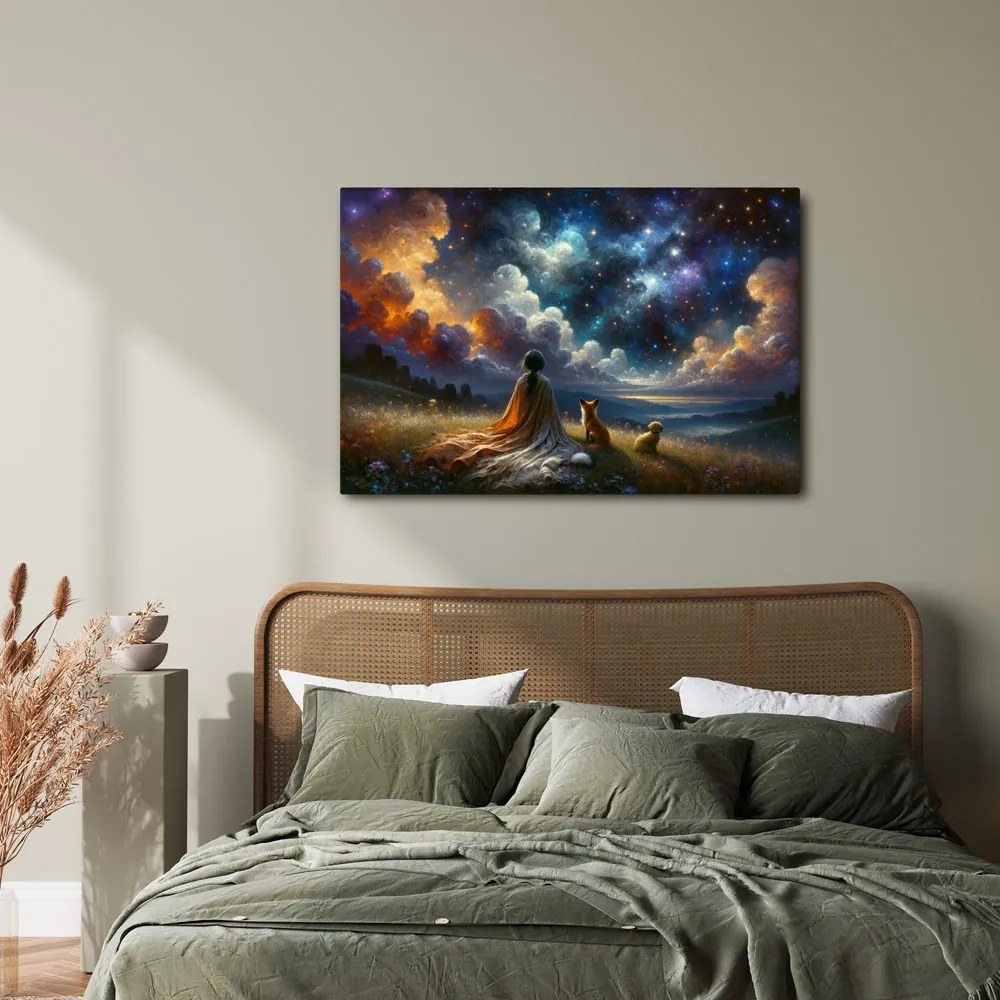 Quadro su tela – Figura con animali sotto le stelle
