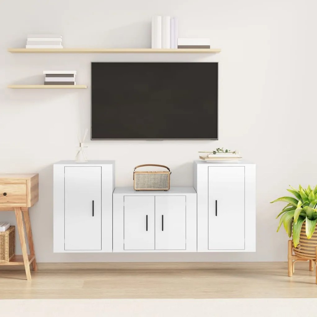 Set Mobili Porta Tv 3 Pz Bianco Lucido İn Legno Multistrato /