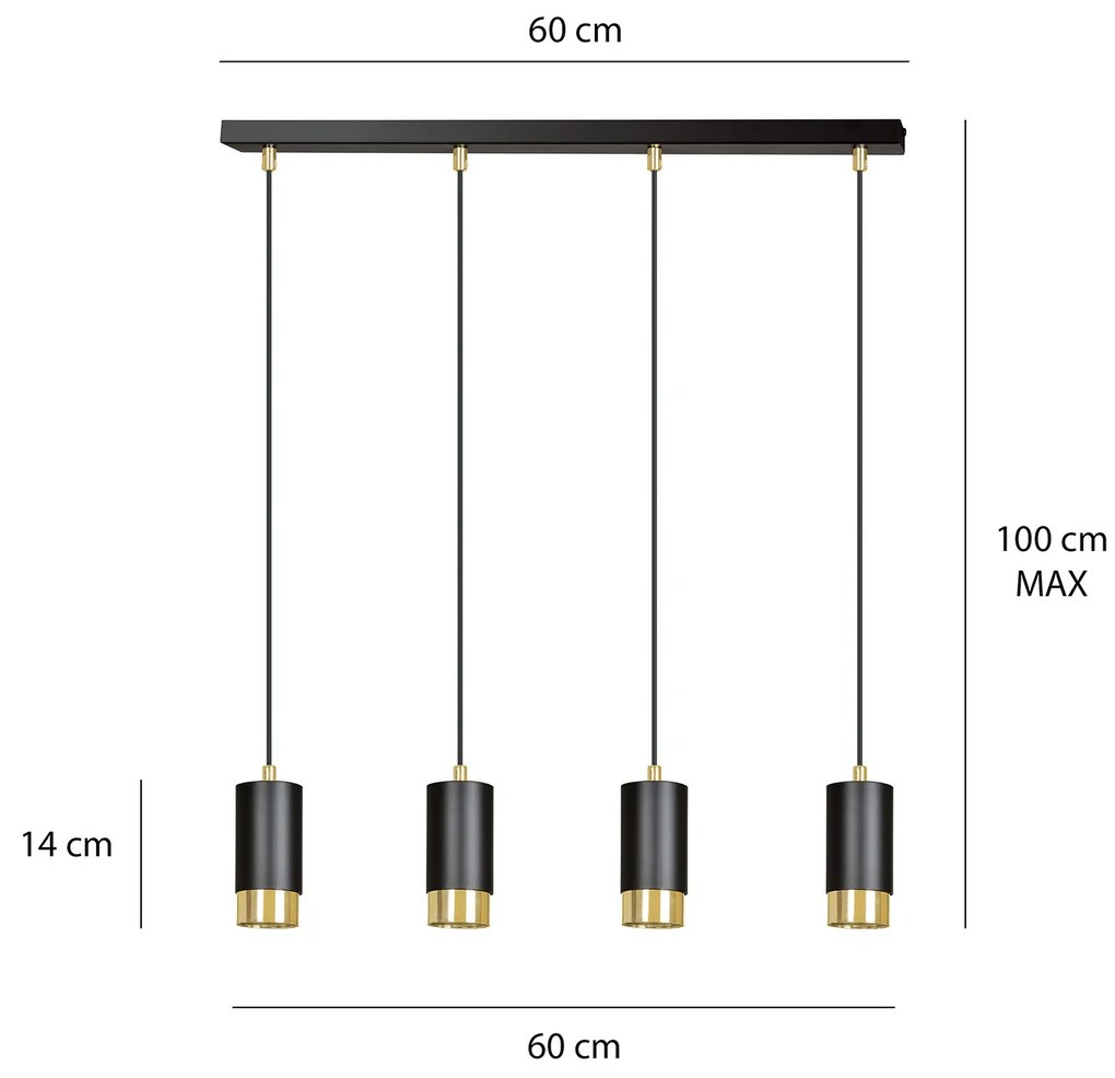 Lampadario 4 Luci Ivar Con Cilindri In Acciaio Nero E Oro