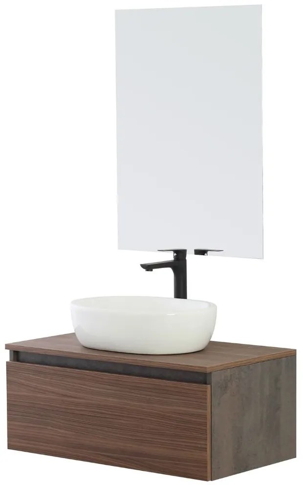 Mobile Bagno Sospeso con Lavabo da Appoggio e Specchio 1 Cassetto Salvaspazio in Legno  80 cm - Noce Canaletto