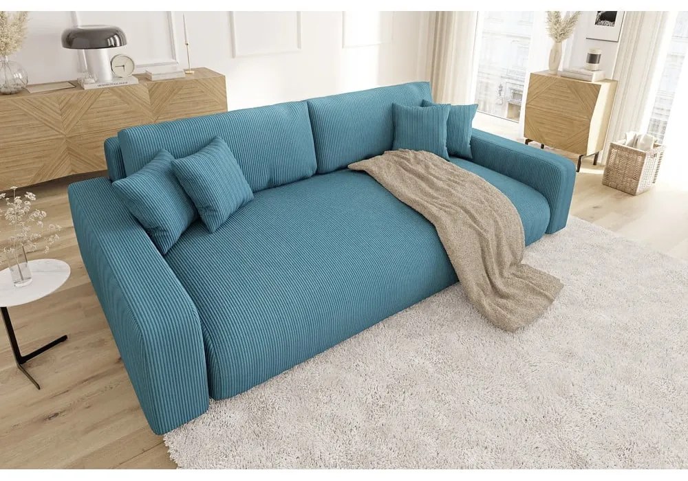 Divano turchese allungabile/con contenitore con rivestimento in velluto a coste 234 cm Sara – Ropez