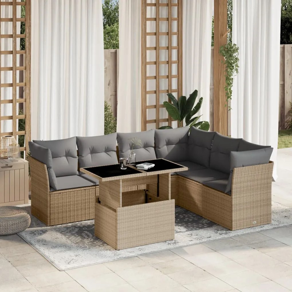 Set divani da giardino 7 pz con cuscini beige in polyrattan