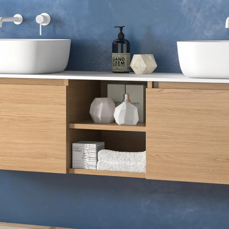 Mobile bagno sospeso 175 cm con piano bianco due cassetti e vano a giorno SP-175SS - KAMALU