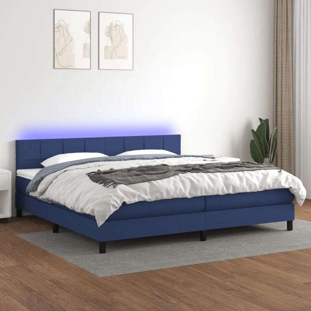 Letto a Molle Materasso e LED Blu 200x200cm in Tessuto