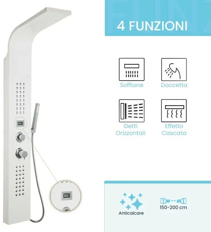 Pannello doccia bianco con 4 getti e monitor per la temperatura
