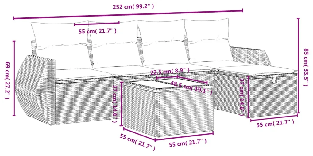 Set divano da giardino 6 pz con cuscini nero in polyrattan