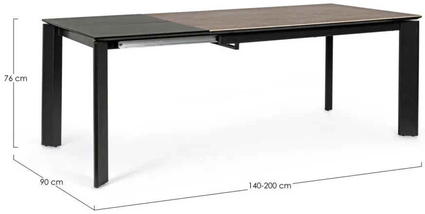 Tavolo BRIVA in acciaio nero e piano in ceramica marrone, allungabile 140×90 cm – 200×90 cm