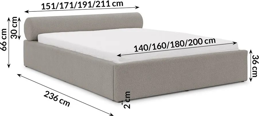 Letto matrimoniale imbottito grigio chiaro con contenitore con rete inclusa 180x200 cm Cille – Ropez