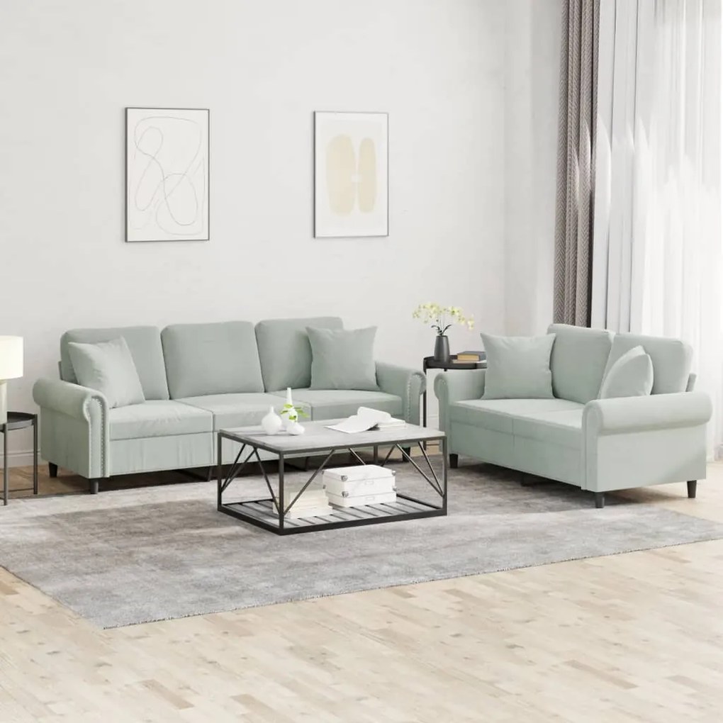 Set Di Divani 2 Pz Con Cuscini Grigio Chiaro İn Velluto /