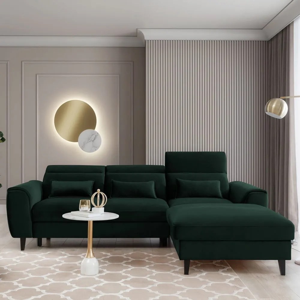 Divano angolare verde scuro allungabile/con contenitore (con penisola a destra/con chaise lounge) e rivestimento in velluto Foble – ELTAP