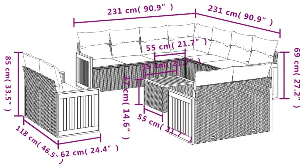 Set divani da giardino 12 pz con cuscini beige in polyrattan