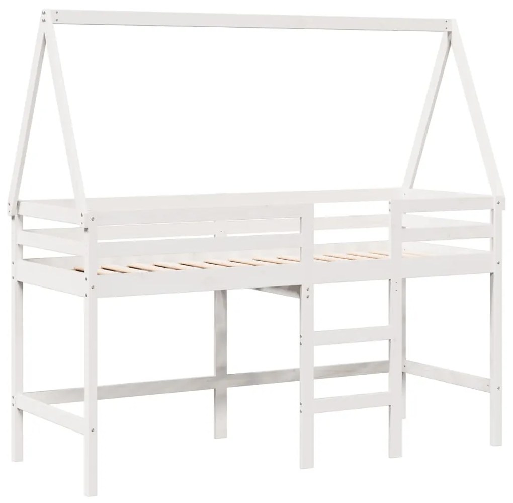 Letto soppalco con scala e tetto bianco 80x200 cm massello pino