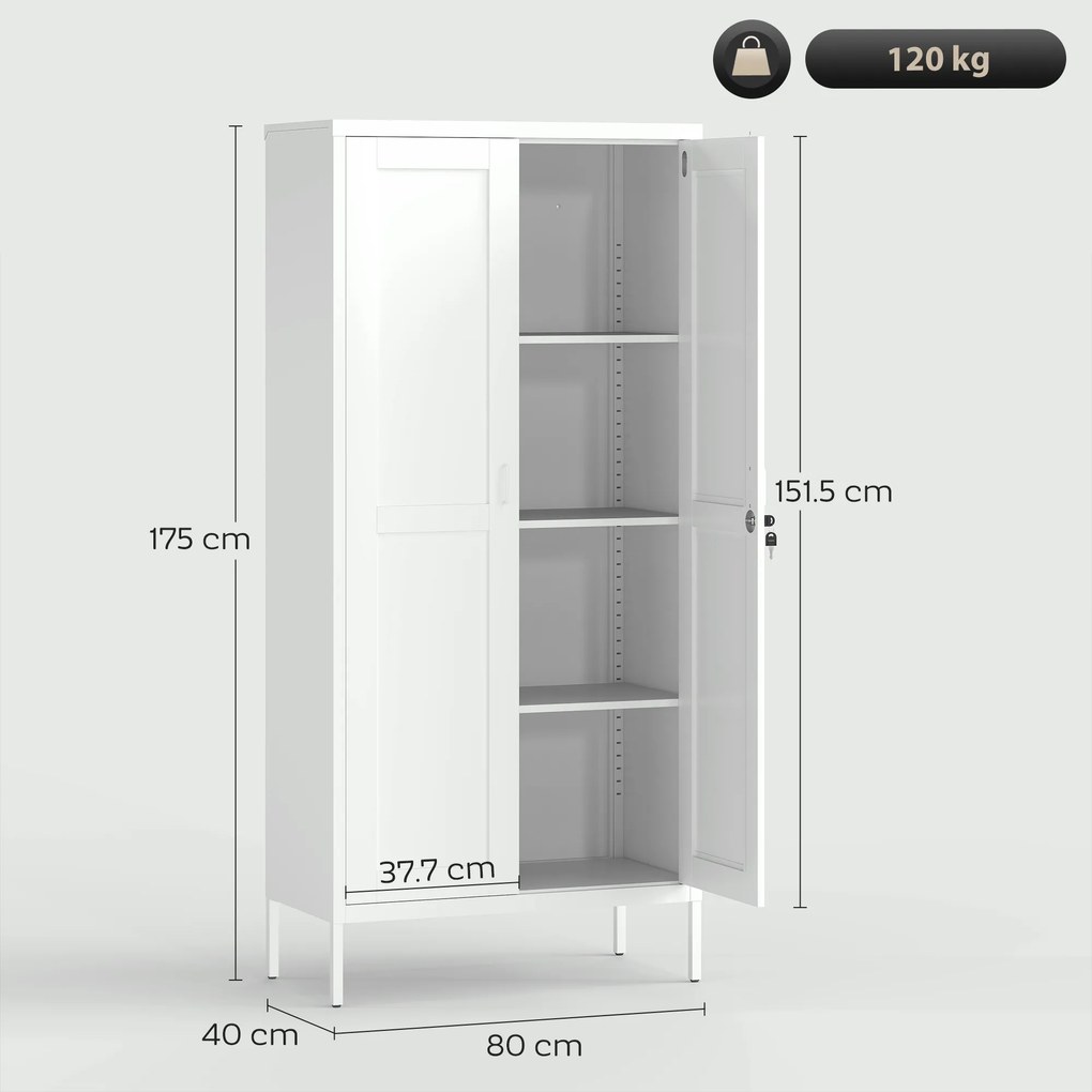 Armadio per Ufficio 80x40x175 cm a 3 Ripiani Regolabili con Serratura e 2 Chiavi in Acciaio Bianco...