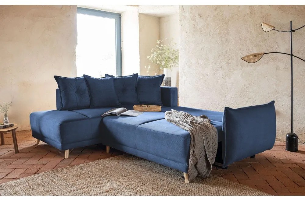 Divano letto angolare in velluto a coste blu scuro (angolo sinistro) Lazy Lukka - Miuform
