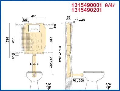 Cassetta incasso pulsante alto (2 pulsanti 9 lt - 4 lt) Pucci ECO 1315490001 + placca