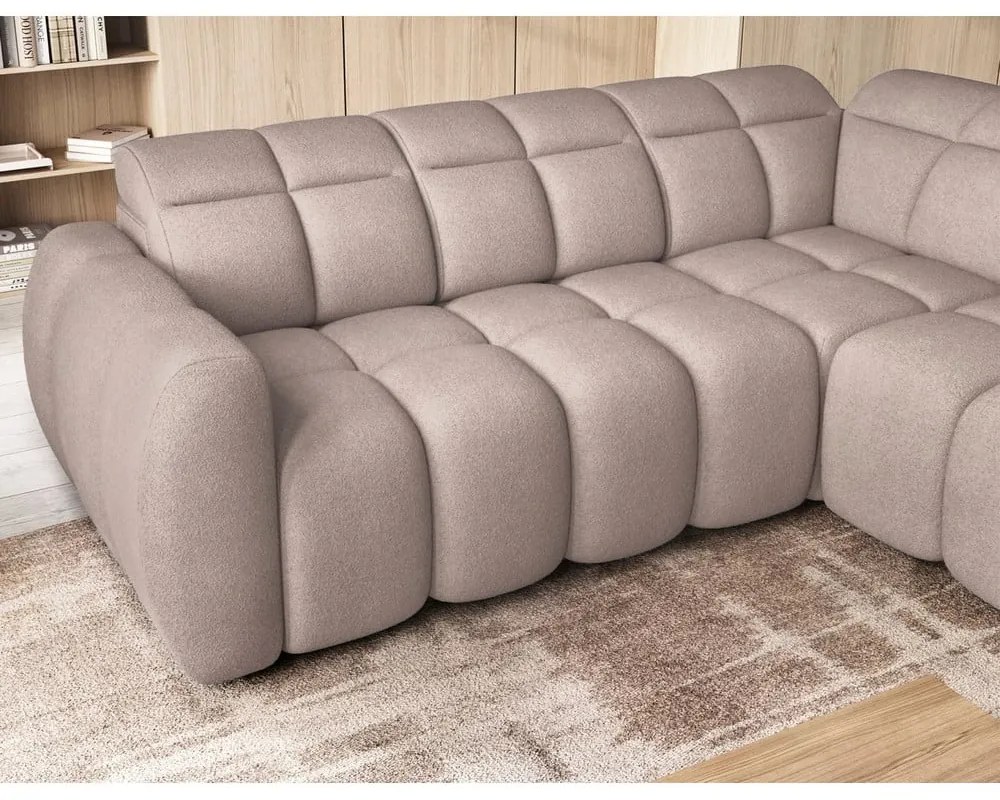 Divano angolare marrone chiaro allungabile/con contenitore (con penisola a destra/a L) e rivestimento in bouclé Falconn – ELTAP