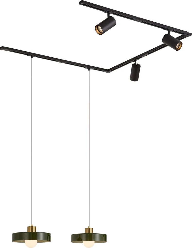 Sistema a binario moderno nero con 2 lampade a sospensione verdi e 3 faretti monofase - Iconic Jeana Luxe Jina