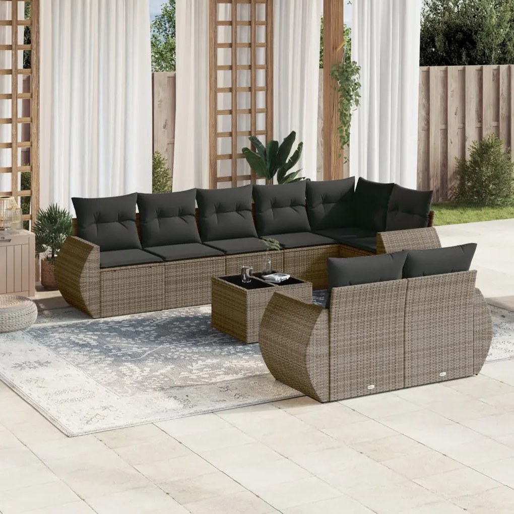 Set divano da giardino 9 pz con cuscini grigio in polyrattan