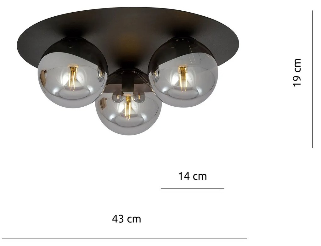 Plafoniera Minimal 3 Luci Solar In Acciaio Nero E Sfere Di Vetro Fumè