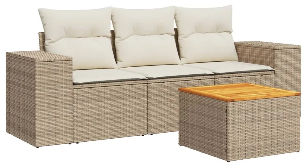 Set Divano da Giardino 4 pz con Cuscini Beige in Polyrattan