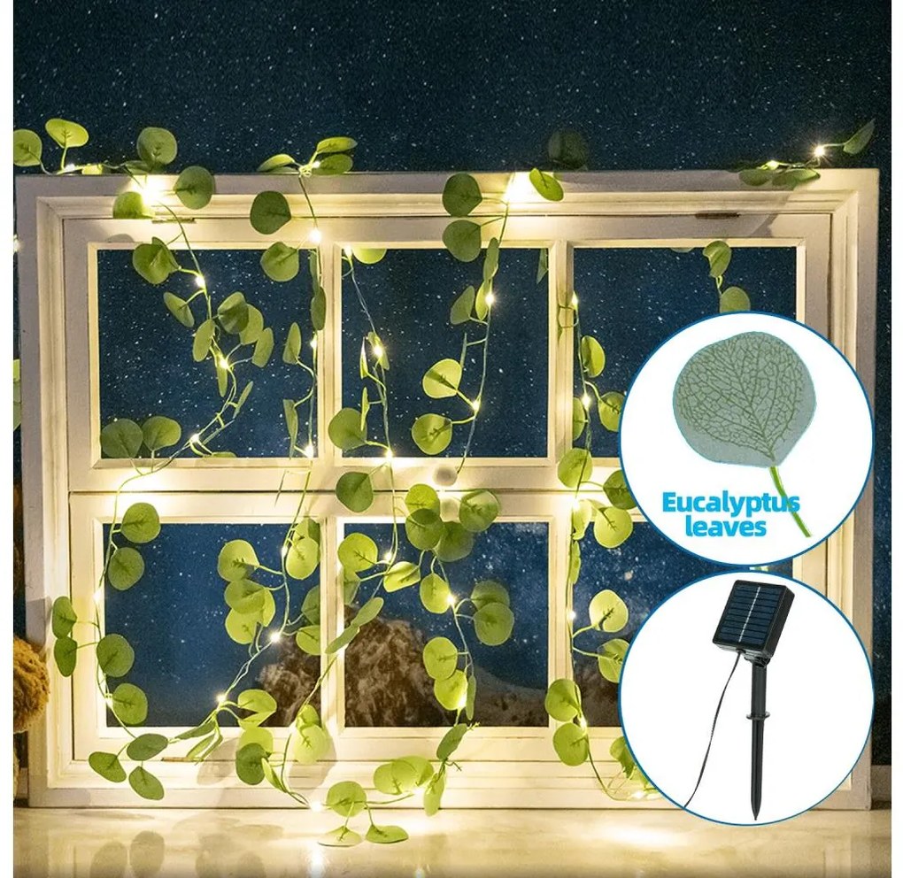 Aigostar - Catena LED solare 50xLED/7m IP65 bianco caldo eucalipto