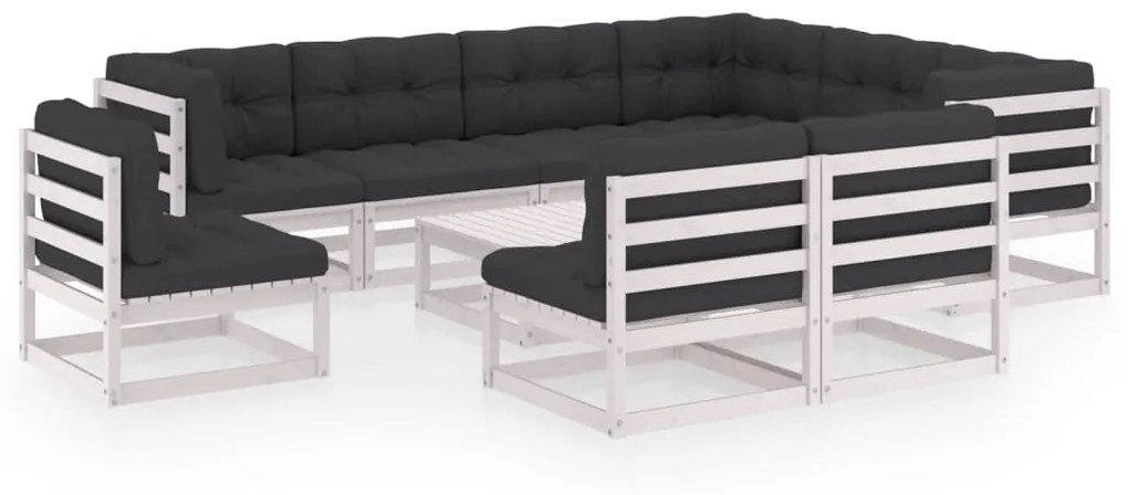 Set divani da giardino 10 pz cuscini bianchi massello di pino