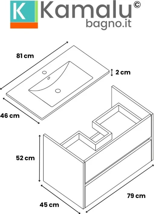 Kamalu - Mobile bagno sospeso 80 cm bicolore rovere naturale e bianco | LAC-AMFI-80