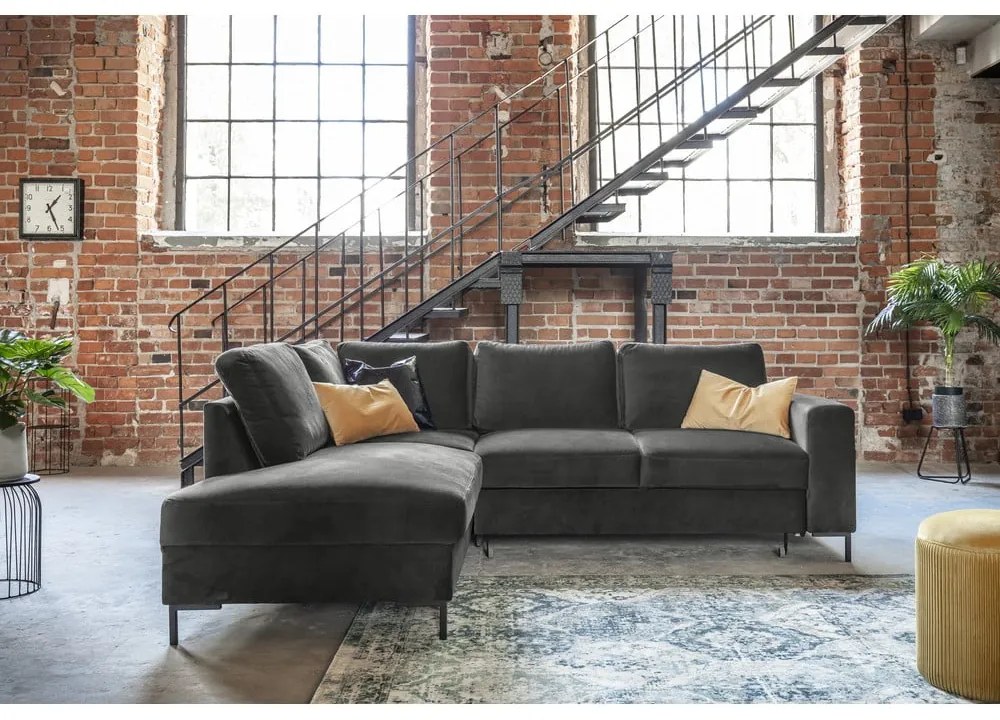 Divano letto angolare in velluto grigio scuro (angolo sinistro) Lofty Lilly - Miuform