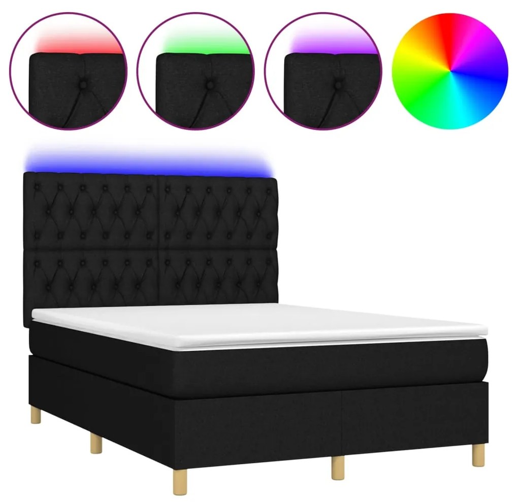 Letto a Molle con Materasso e LED Nero 140x200 cm in Tessuto