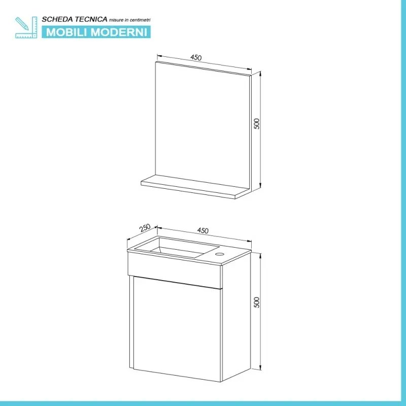 Mobile sospeso salvaspazio 45 cm bianco lucido Mini profondo 25 con specchio