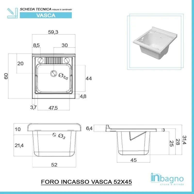 Mobile lavatoio 60x60 bianco con serranda vasca e asse strofinatoio
